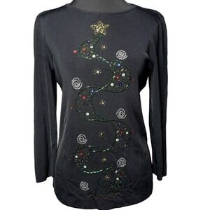 Lucia‎ Burns Retro Holiday Beaded Sequined Knit Blouse Grandma Christmas tree